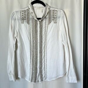 Floreat Anthropologie Rhinestone and Lace Button Down Linen Shirt